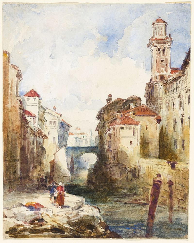 Pintura a óleo de Richard Parkes Bonington retratando uma vila tranquila e um rio