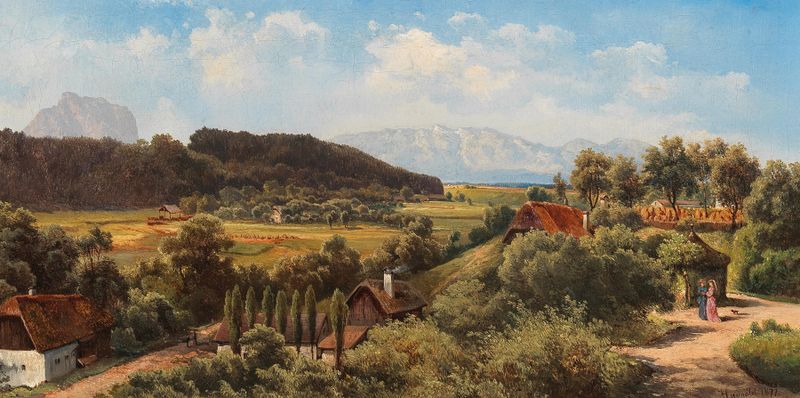 Landscape featuring mountains and twilight by Carl Franz Emanuel Haunold, oil painting