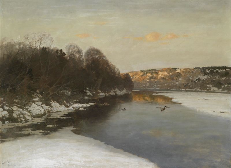 Landscape oil painting by August Fink depicting a tranquil riverbank and water.