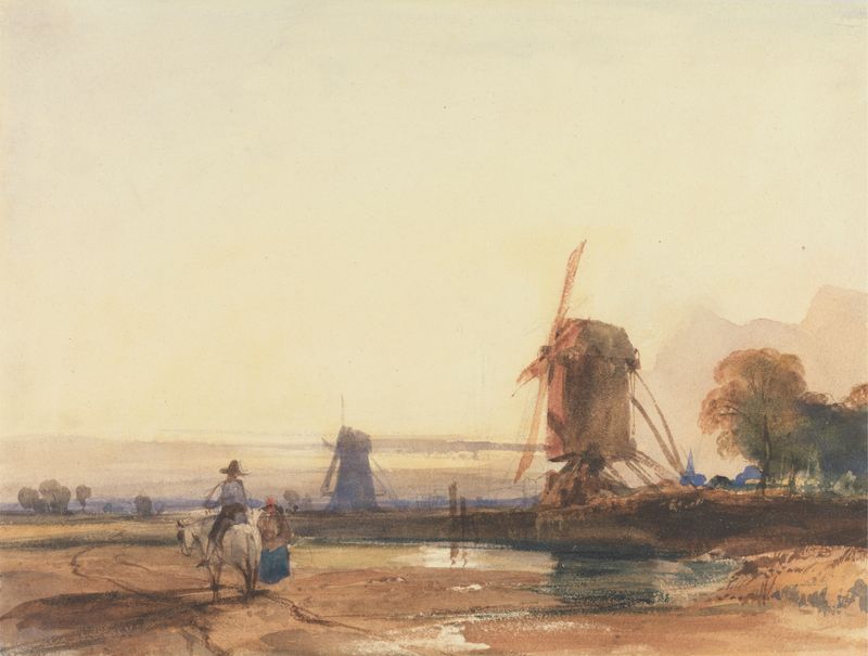 Landscape with Windmills de Thomas Shotter Boys, pintura a óleo que retrata moinhos de vento contra um céu vibrante