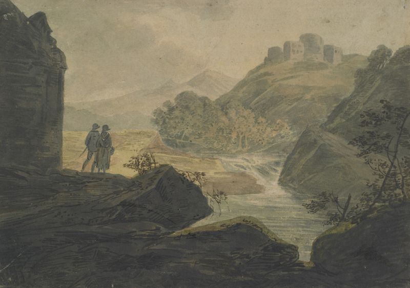 Aguarela de Mountain Stream de William Payne que muestra agua corriente y vegetación exuberante.