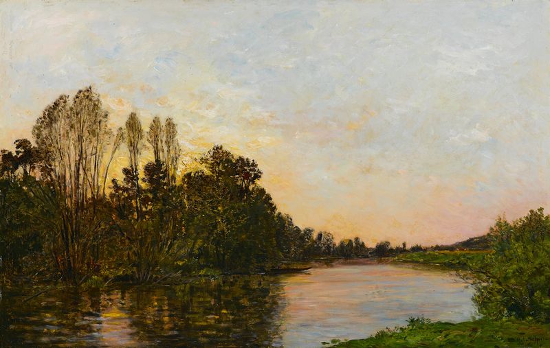 Soleil couchant près Mantes by Hippolyte Camille Delpy, oil on canvas depicting a sunset landscape.