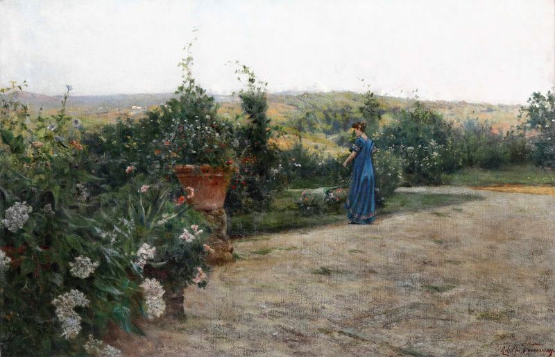 Paisaje con árboles y sombras moteadas, óleo de Adolfo Tommasi