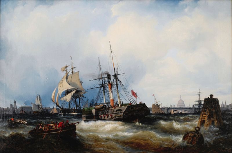 A paddle steamer on the Thames, oil on canvas by Edwin Hayes