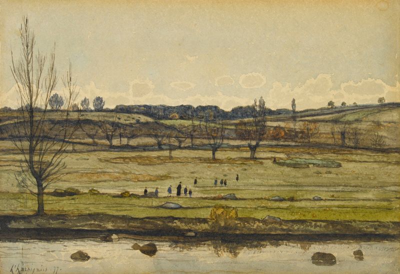 Paysage by Henri-Joseph Harpignies, oil painting depicting rolling hills under golden light.