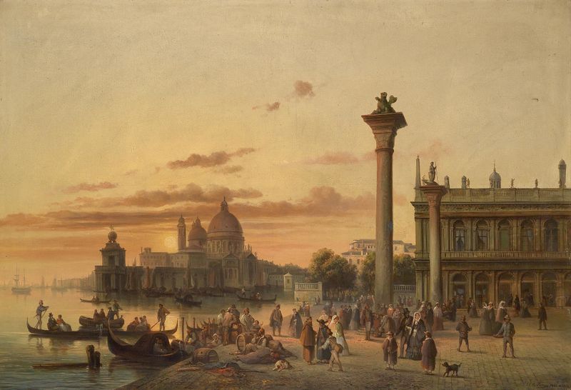 Markusplatz óleo de Josef Carl Berthold Püttner que representa la Basílica de San Marcos al atardecer
