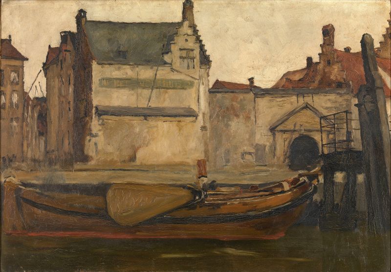 A Casa da Balsa de Piet Verhaert, óleo sobre tela, retratando uma casa de balsa sob um vasto céu.