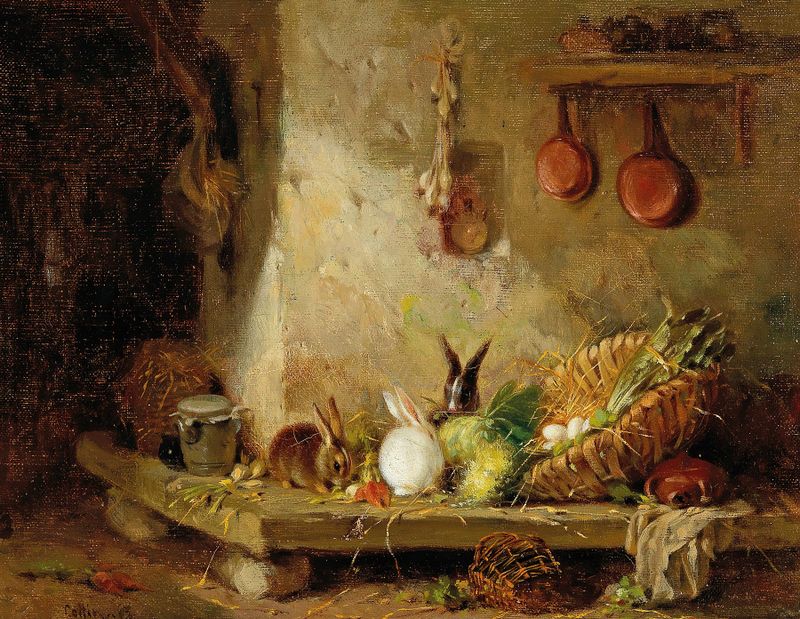 Naturaleza muerta de conejos entre tarros en una despensa, pintura al óleo de Eugene Cottin