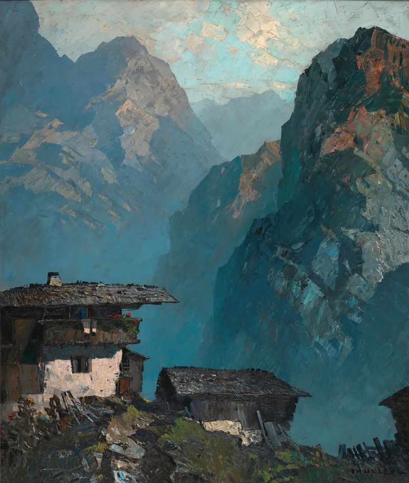 Lonely farmhouse amidst mountains, óleo sobre lienzo de Oskar Mulley