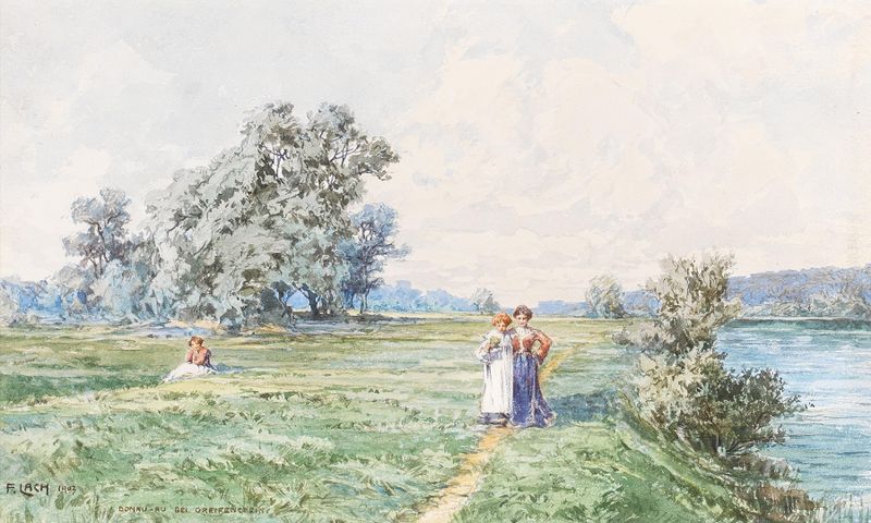 Landscape depicting a river scene by Fritz Lach, oil painting