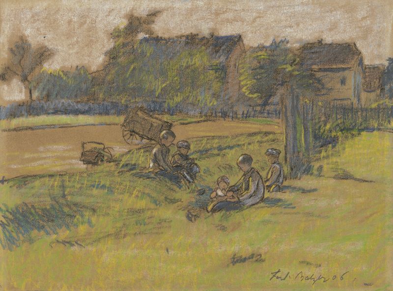 Children on a meadow, oil painting by Ferdinand Balzer, depicting playful children in sunlight.