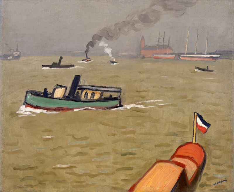 Escena marina con barcos y agua, óleo sobre lienzo de Albert Marquet