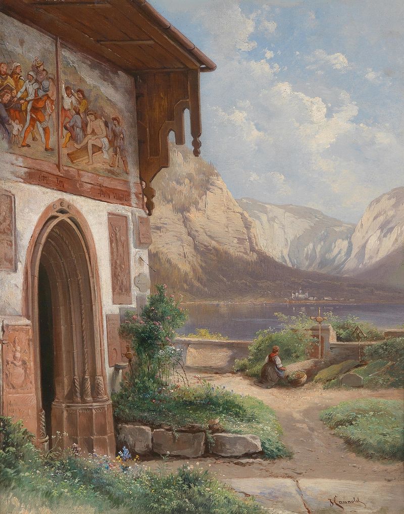 Landscape oil painting by Carl Franz Emanuel Haunold depicting a graveyard under a turbulent sky.