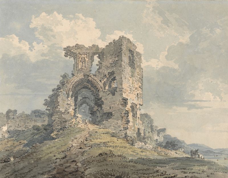 Denbigh Castle de Thomas Girtin, acuarela sobre papel, presenta la silueta de un castillo al atardecer.