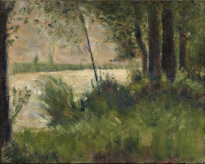 Grassy Riverbank de Georges Seurat, pintura al óleo de un río con hierba exuberante y agua tranquila.