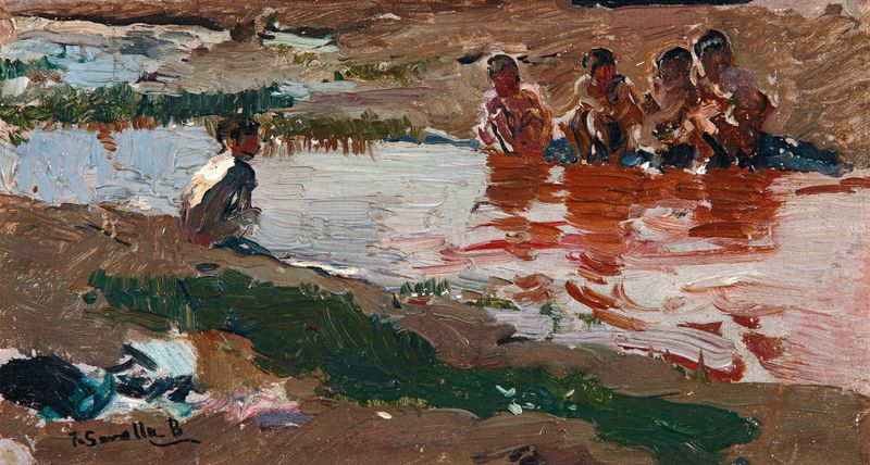 Oil painting by Joaquín Sorolla depicting a river with sunlight and reflections