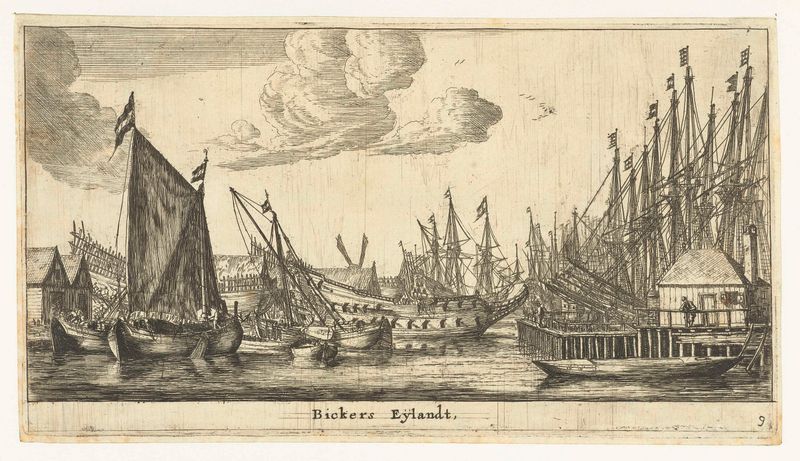 Bickerseiland by Reinier Nooms, etching depicting a tranquil landscape with a river and village