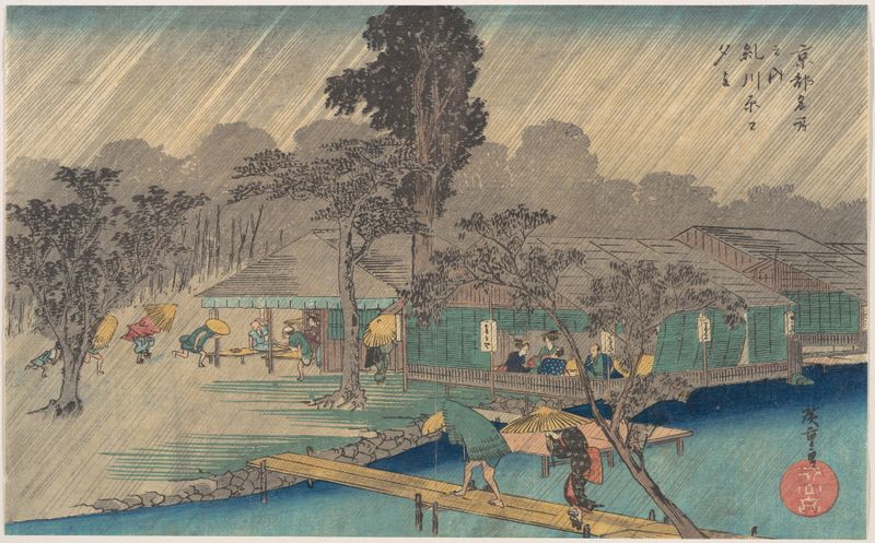 Grabado en madera de Utagawa Hiroshige que muestra casas de té junto a un río bajo la lluvia