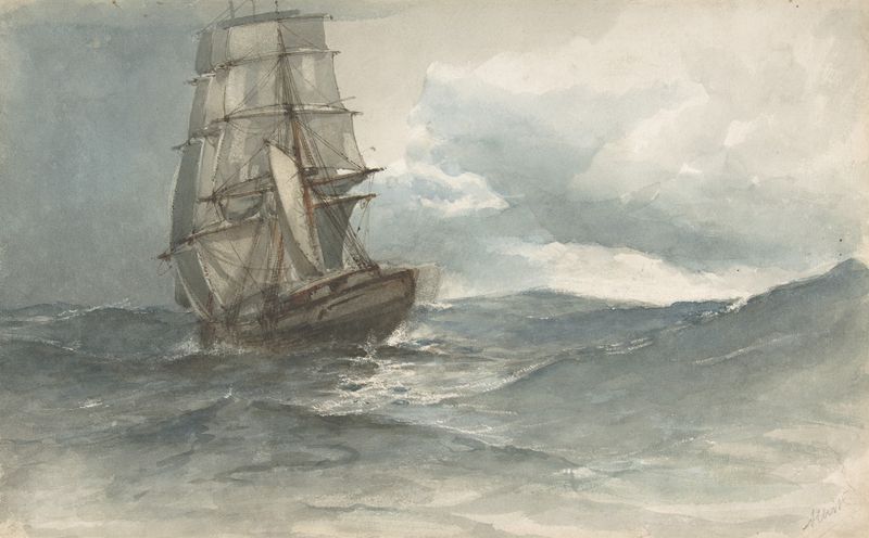 Pintura al óleo de Albert Ernest Markes que muestra un barco en el mar con velas al atardecer.