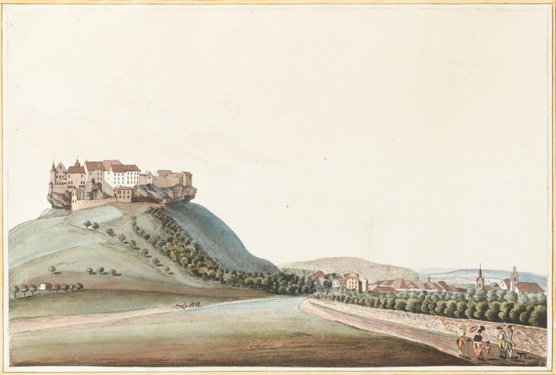 Pintura a óleo de Caspar Wolf com um chateau e colinas suaves.