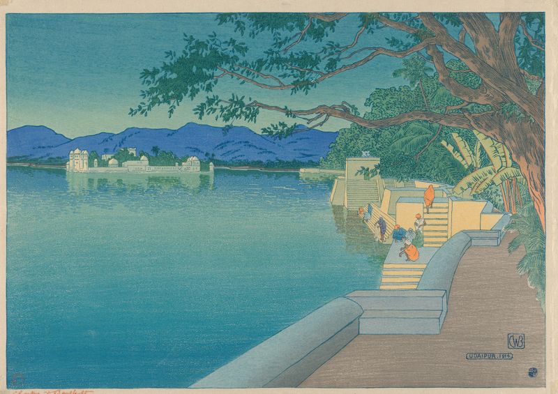 Udaipur by Charles William Bartlett, modernism, depicting serene waters and majestic architecture.