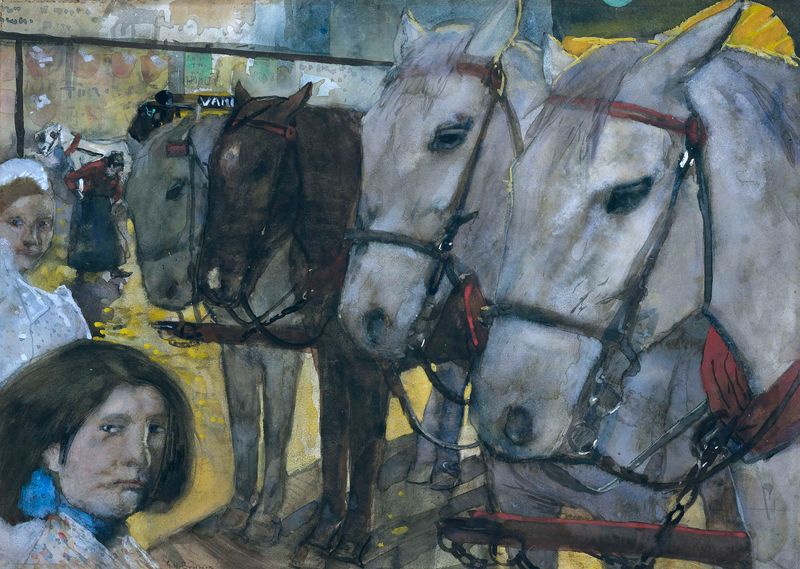 Cena de gênero com uma multidão e guarda-chuvas sobre paralelepípedos molhados, pintura a óleo de George Hendrik Breitner