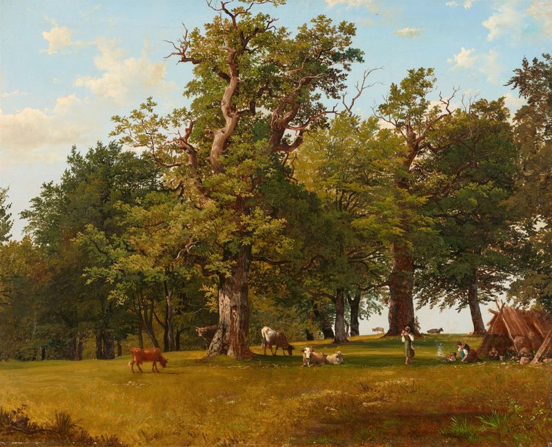 Paisagem pastoral com um pastor e vacas de Joseph Feid, pintura a óleo