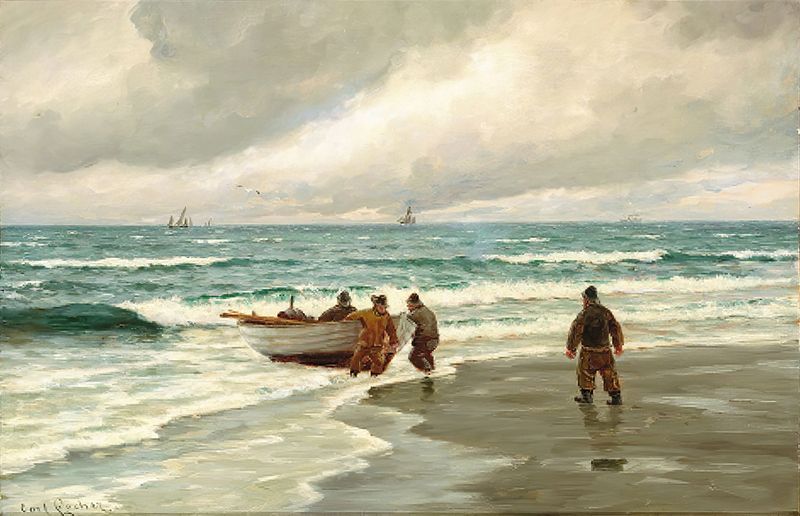 Marine scene with turbulent waves and dark clouds, oil on canvas by Carl Locher