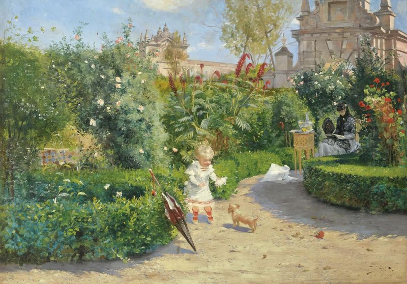 Paisaje con jardines y una figura a lo lejos, de Hugo Birger, pintura al óleo