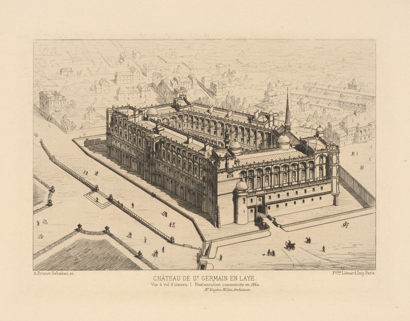 Bird's-eye view engraving of Chateau de St. Germain en Laye by Alfred Brunet-Debaines