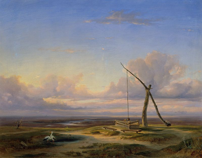 Pintura a óleo de paisagem por Jakob Waltmann mostrando colinas e natureza.