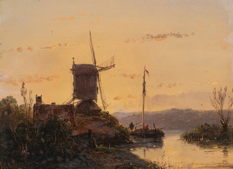 Paisagem com um moinho de Andreas Schelfhout, pintura a óleo que retrata um rio e um moinho de madeira ao pôr do sol.