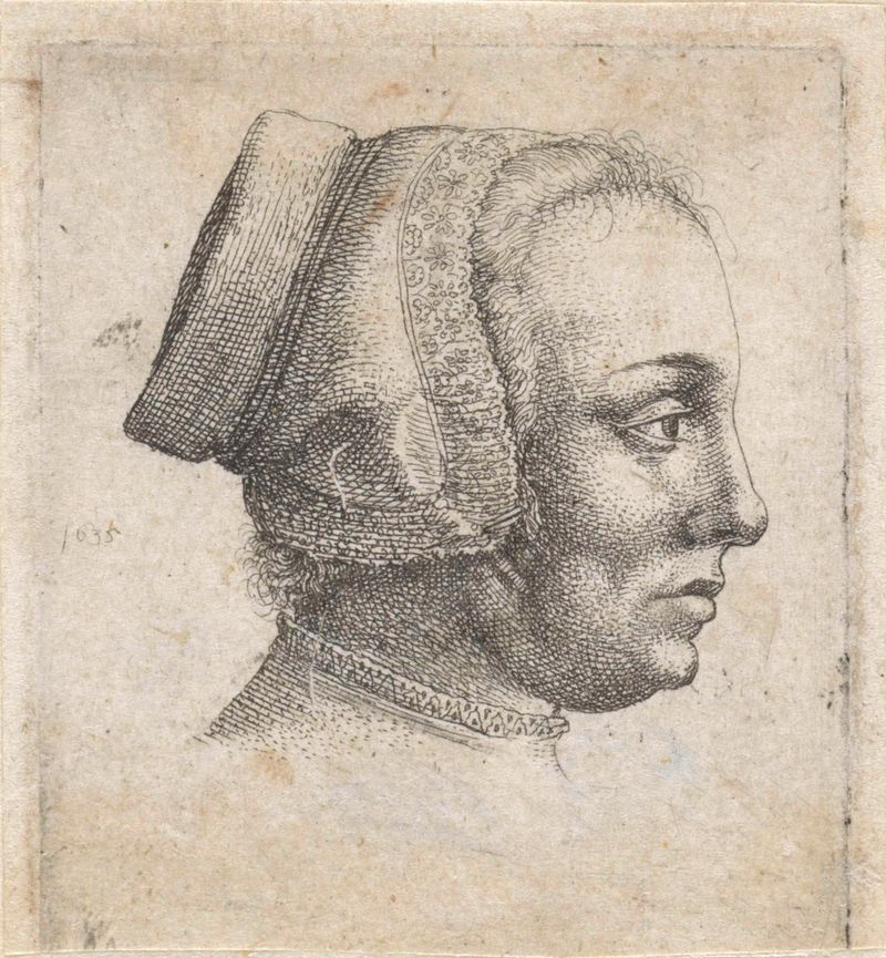 Gravura de uma mulher de perfil usando um chapéu de Wenceslaus Hollar