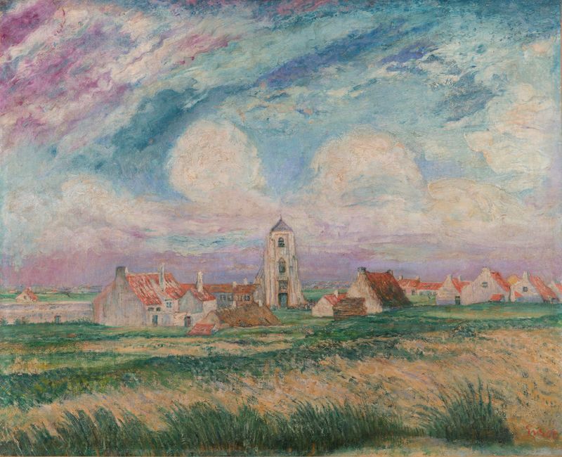 View of Mariakerke by James Ensor, landscape with water and sky in pastel colors.