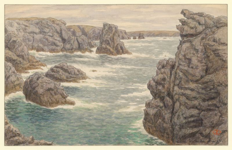 Aquarela de Henri Rivière retratando uma cena costeira tranquila com mar e praia.