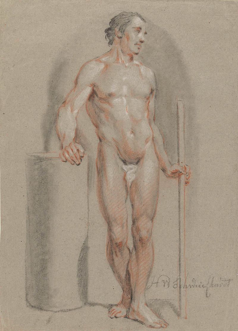 Standing male nude with a staff, paper drawing by Hendrik Willem Schweickhardt