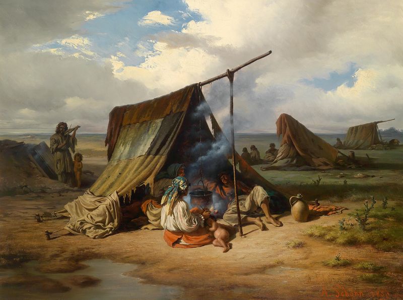 Figurative oil painting by Alois Schönn depicting gypsies in earthy tones.