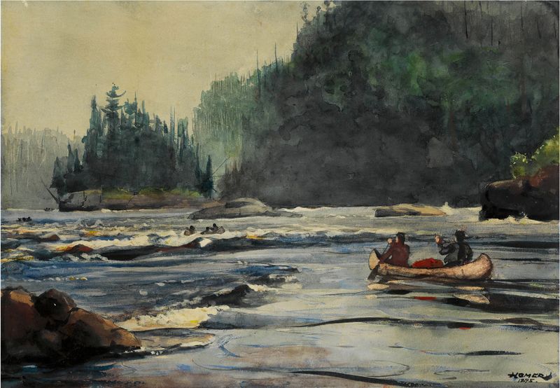 In the Rapids de Winslow Homer, óleo sobre tela representando correntes de rio turbulentas