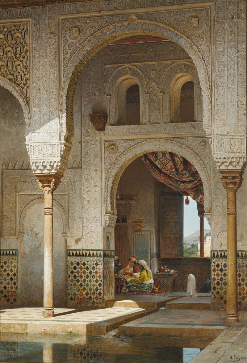 Interior scene with an archway and geometric patterns, by Adolf Seel, 1882