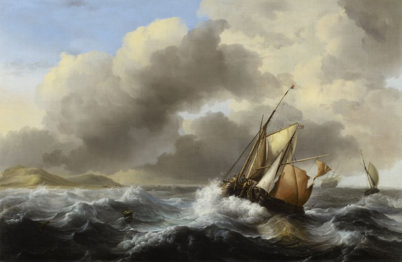 Fishing Vessels Offshore in a Heavy Sea by Ludolf Bakhuizen, oil painting depicting ships in stormy waves
