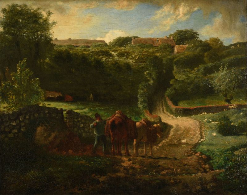 Hameau Cousin à Gréville by Jean-François Millet, oil painting depicting a rural landscape