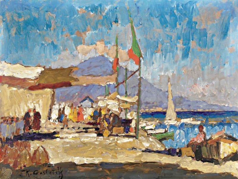 View Of Naples by Konstantin Ivanovich Gorbatov, oil on canvas depicting rooftops under a blue sky