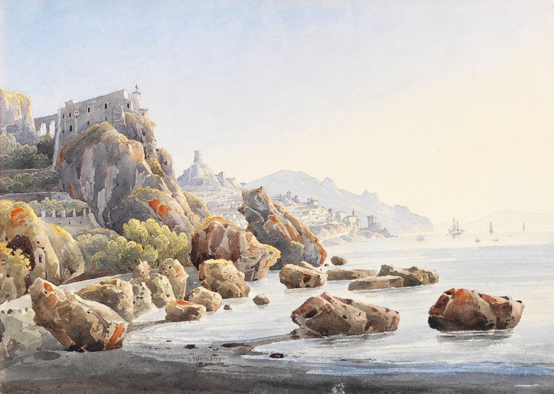 Felsenküste bei Amalfi, oil on canvas by Johann Jakob Wolfensberger, depicting rocky cliffs and a sunset.