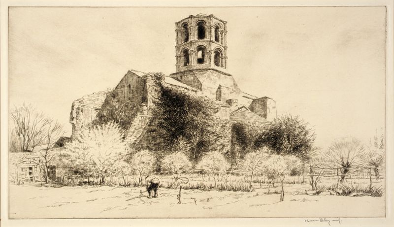 Cure’s Garden, Arles gravura de Kerr Eby mostrando figuras em um jardim exuberante com flores.