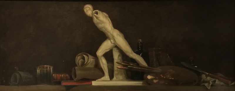 Natureza morta com uma estatueta do Guerreiro Borghese, óleo sobre tela de um artista não identificado