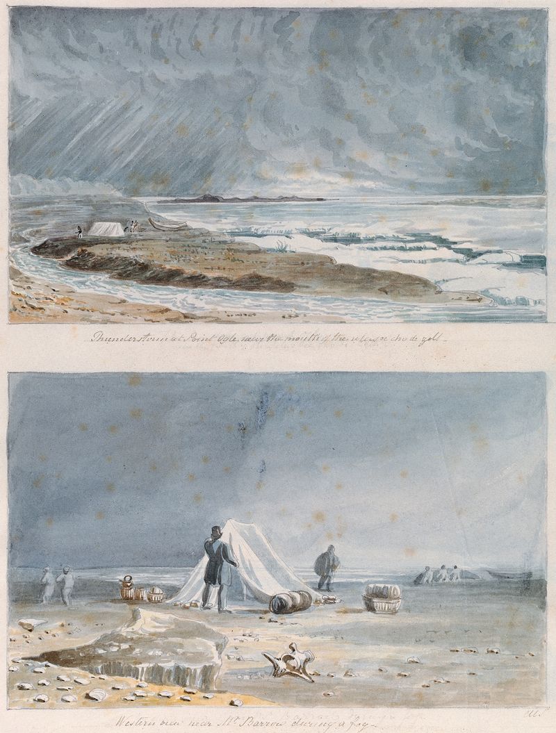 Thunderstorm at Point Ogle, aquarela sobre papel de Charles Hamilton Smith, retratando uma paisagem nevoenta com nuvens es...