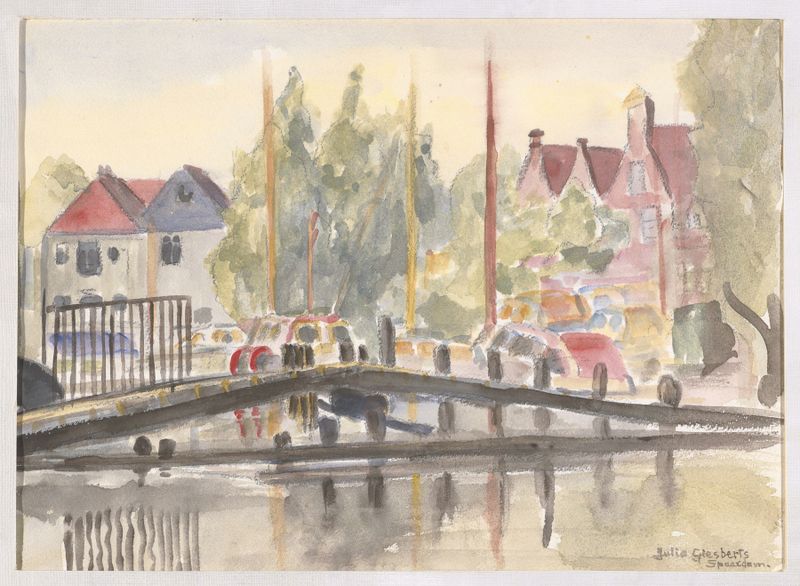 Marine scene depicting a harbor with boats by Julia Giesberts, oil painting