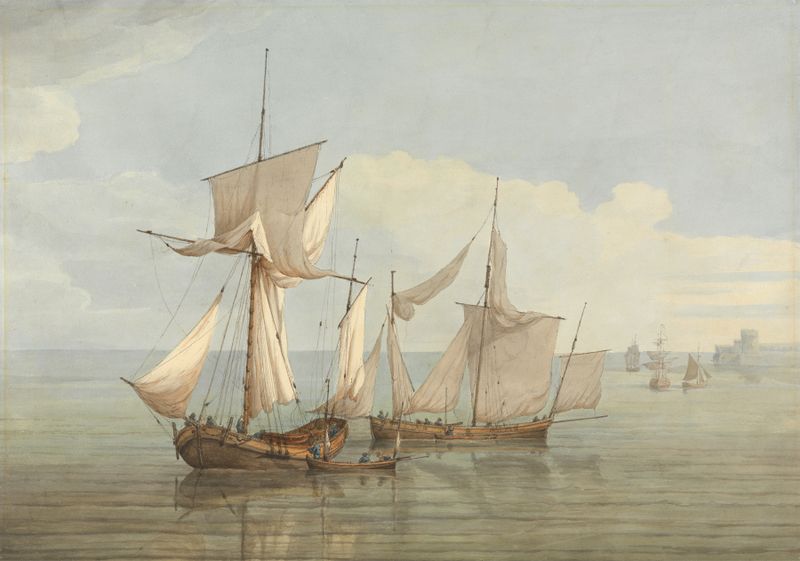 A Hoy and a Lugger with other Shipping on a Calm Sea, oil on canvas by John Thomas Serres