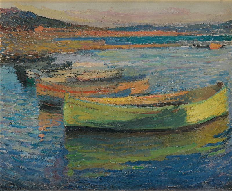 Barques Aux Environs De Collioure de Henri Martin, pintura a óleo que retrata barcos na água