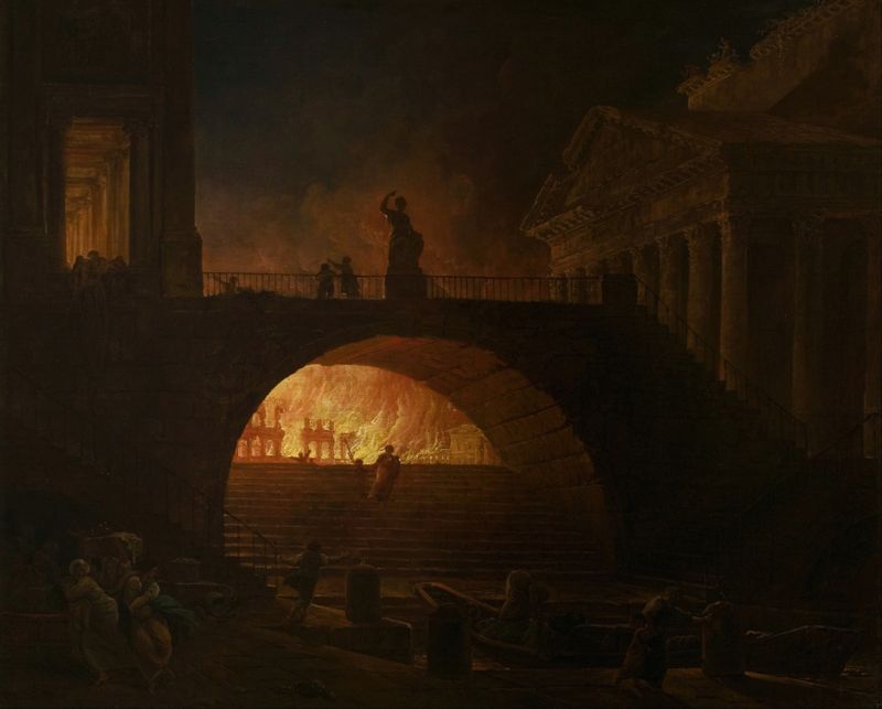 El Fuego de Roma de Hubert Robert, pintura al óleo que muestra llamas sobre ruinas